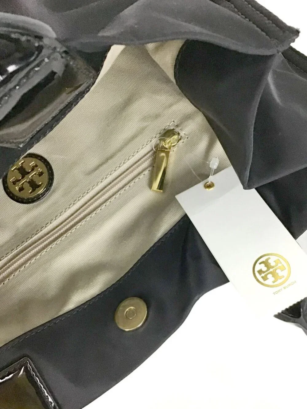 Tory Burch MINI ELLA Nylon/Patent Logo Tote Bag Black